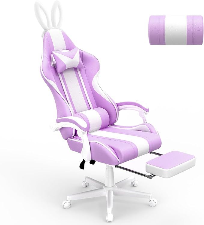 Ferghana Kawaii Bunny Ears Gaming Chair Cute Gamer Chair with Footrest and Massage Leather Ergonomic Computer Game Chairs for Girls Adults Teens Kids Light Purple