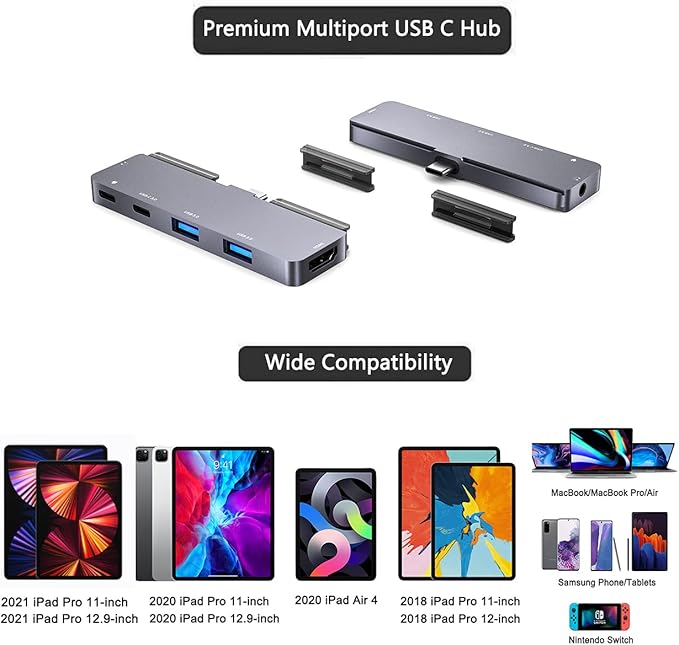 iPad Pro USB C Hub Adapter with 4K HDMI3.5mm Jack2 x USB3.0PD 60WUSB C DataSD/TF Card Slot6in1 Adapter for M4 M2 M1 iPad Pro 11 12.9 2025-2018iPad Air/Mini