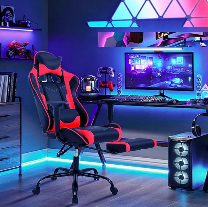 Gaming Chair With Footrest and Massage Lumbar Support Height Adjustable High Back Reclining Computer Chair for Adults - 360-Swivel Red