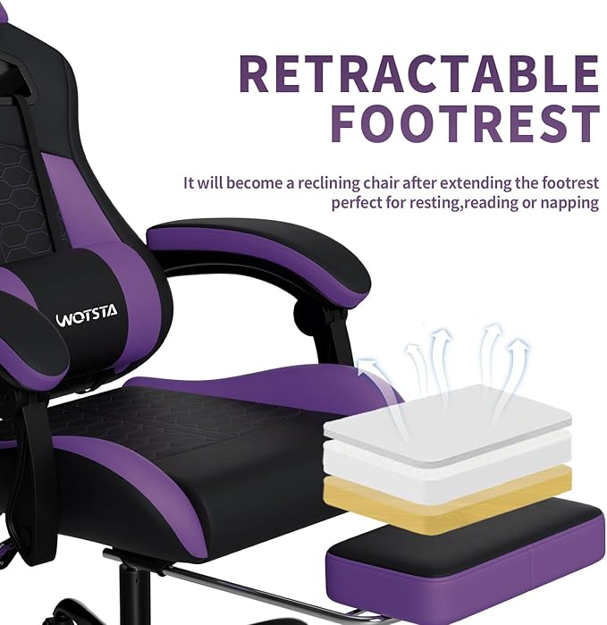 Gaming Chair with MassageErgonomic PC Gaming Chair with Footrest Comfortable Headrest and Lumbar SupportHigh Back Game Chair PVC Leather300LBS (BlackPurple)