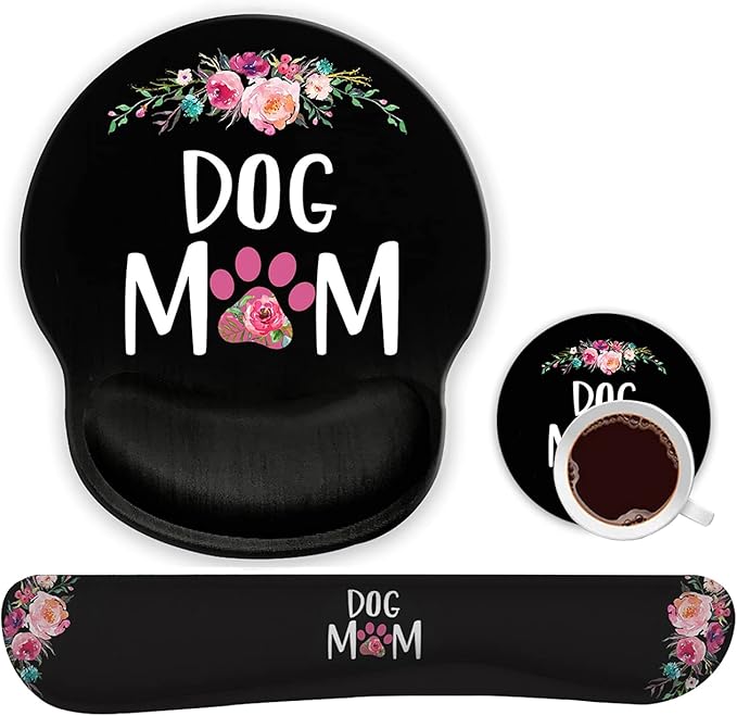 Ergonomic Mouse Pad Wrist Support Gel and Keyboard Wrist Rest Set for Laptop Mac Gaming and Office Durable Comfortable and Pain Relief + Coaster Dog Mom Floral Design