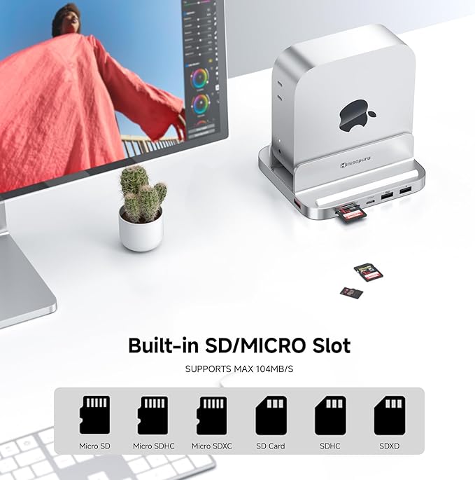 Minisopuru MINI218B PRO Mac mini M4 Dock with 8TB M.2 NVMe SSD Enclosure10Gbps USB C/A Mac mini M4 Accessories 8 in 1 All Aluminum Vertical Stand USB C Hub for Mac mini M4/M4 Pro 2024