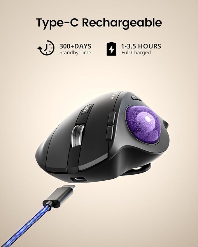 ProtoArc Wireless Trackball Mouse EM01 NL Ergonomic Bluetooth Rollerball Thumb Rechargeable Computer Laptop Mouse Adjustable Angle &amp 3 Device Connection for PC Mac Windows-Purple Ball