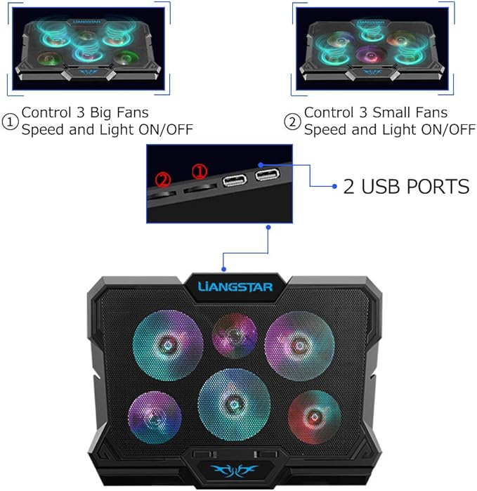 Laptop Cooling Pad Laptop Cooler with 6 Quiet Fans RGB 7 Color Light for 15.6-17 Inch Laptop Cooling Fan Stand Portable Slim USB Powered Gaming Laptop Cooling Pad Switch Control Fan Speed(Black)