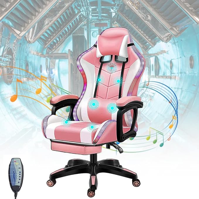Full Massage Gaming Chairs with Footrest LED Gamer Chair with Speakers and Lumbar Support PU Leather Racing Swivel Rocker Office Chairs for Adults and TeensPink