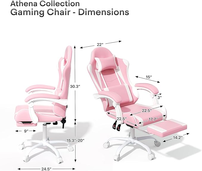 Athena Collection Gaming Chair Ergonomic Gaming Chair with Footrest &amp Headrest Lumbar Support Height Adjustable Swivel Computer Chair Office Chair for Kids Adults(Pink)