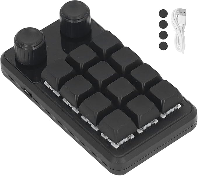 Hyuduo Mechanical Gaming Keyboard Mini Gaming Keypad 12 Keys 2 Knobs Blue Switch Black Color RGB Light Customizable Programming for Gaming Office Music Media Industrial Control