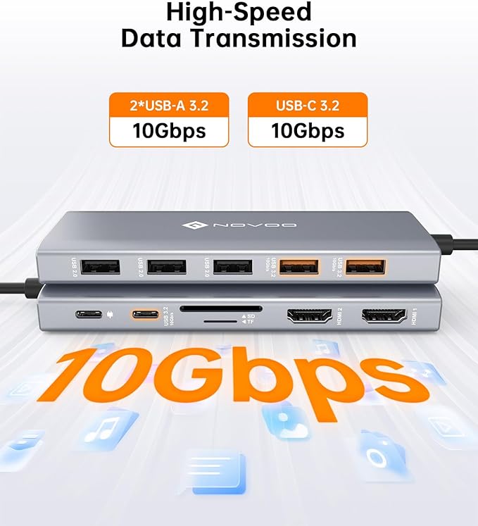 NOVOO USB C Docking Station Dual Monitor 12-in-1 USB C Hub with HDMI 4K VGA USB 10Gbps SD/TF 100W PD Multiport Adapter Compatible with MacBook Dell HP Surface