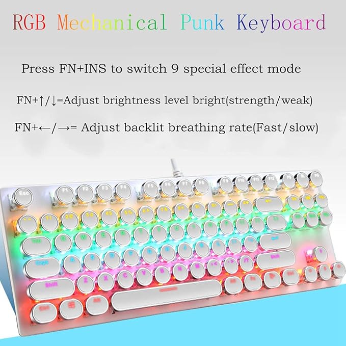 Mechanical Gaming Keyboard and Mouse Combo 87 Key Retro Punk Typewriter-StyleBlue Switch RGB Rainbow Backlit KeyboardCool Breathing Light Lightweight Gaming Mouse for Game and OfficeWhite