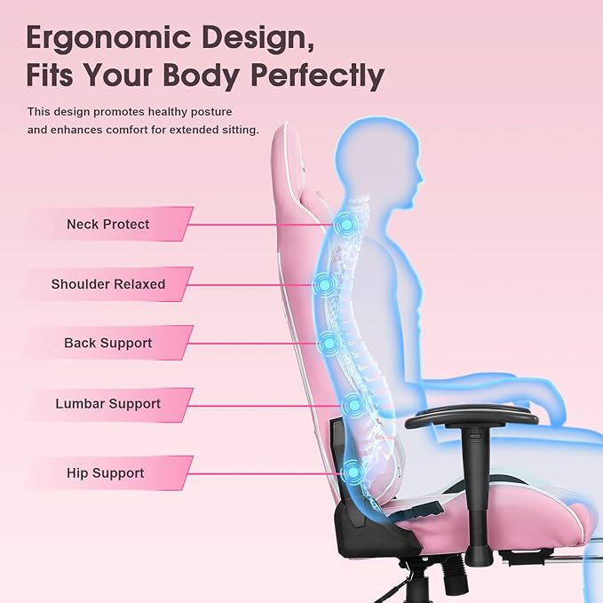Douxlife 7-Point Massage Gaming Chair with Footrest 400lbs Heavy Duty Ergonomic Computer Chair 175° Reclining High Back Racing Seat for Adults with Adjustable Armrests &amp Lumbar Support Pink
