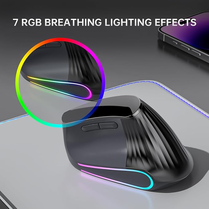 Ergonomic Vertical Mouse Wireless Bluetooth Ultra-Fast Scrolling 4800 DPI Rechargeable Ergo Mouse 2.4G Quiet Clicks 6 Buttons RGB Optical Mice 3 Multi-Device Connectivity for Mac Laptop - Black