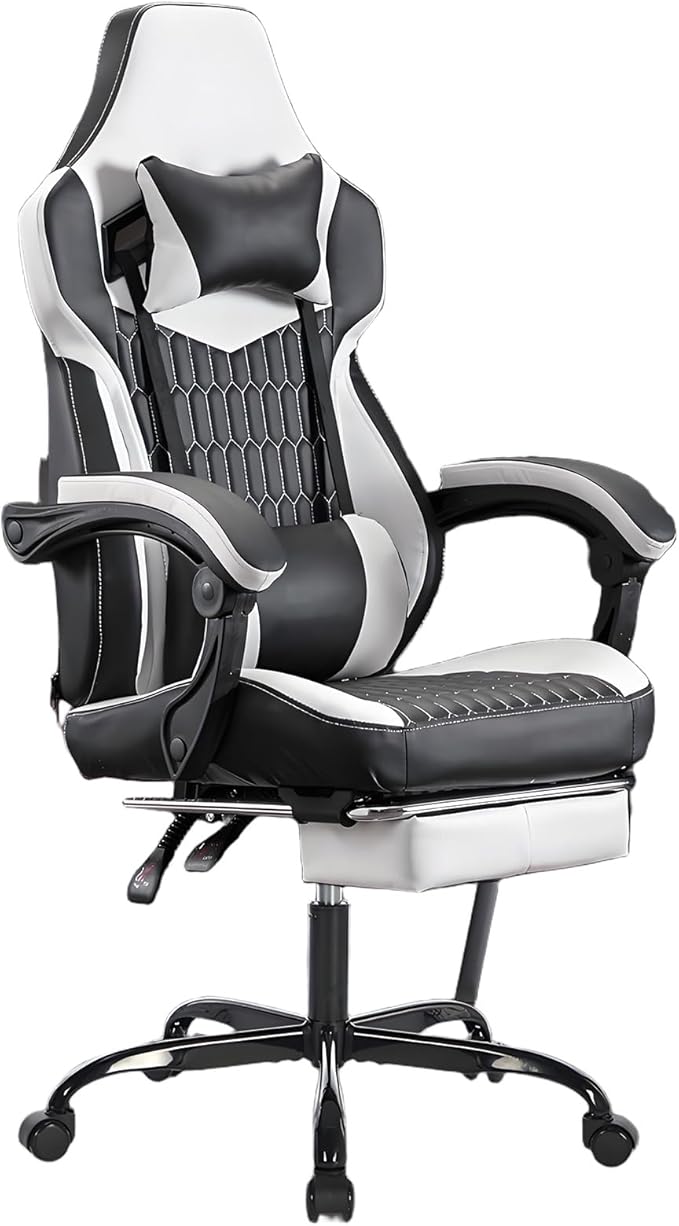 Ergonomic Gaming Chair with Footrest Black and White Gaming Chair for Adults Girls Women Video Game Chairs with Wheels &amp Lumbar Support 300 LBS Capacity (Black+White)
