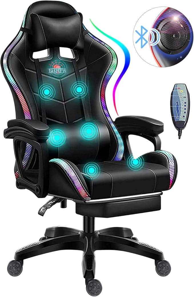 Ergonomic Video Game Chair with Speakers and LED Light Gaming Chair with Footrest and Massage Office Chair Reclining Computer Chair PU Leather Chair with Adjustable Backrest and ArmrestBlack