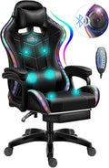 Ergonomic Video Game Chair with Speakers and LED Light Gaming Chair with Footrest and Massage Office Chair Reclining Computer Chair PU Leather Chair with Adjustable Backrest and ArmrestBlack