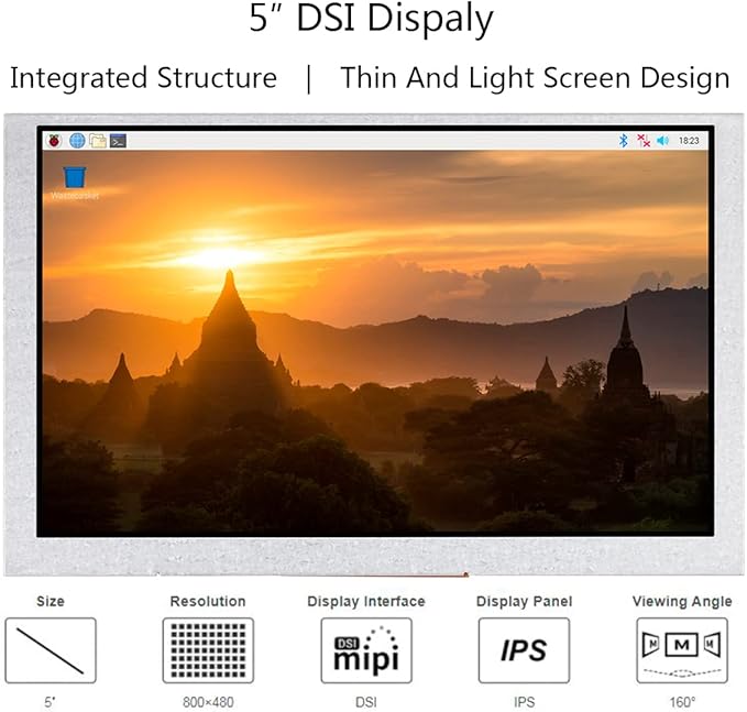 5inch DSI LCD Display 800 x 480 IPS Screen Thin and Light Design 160°Viewing Angle Adjustable Brightness Via Software for Raspberry Pi 4B/3B+/3A+/3B/2B/B+/A+ Compute Module 4/3/3+ (No Touch)