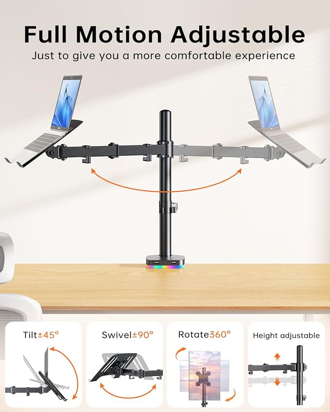 RGB 2 in 1 Laptop Monitor Desk Tray with 3 USB Ports Charging and USB Data Transfer Adjustable laptop stand for 13 to 32 Screen and 11-17” Laptop Holds 18lbs/Arm 75x75/100x100 VESA C-Clamp
