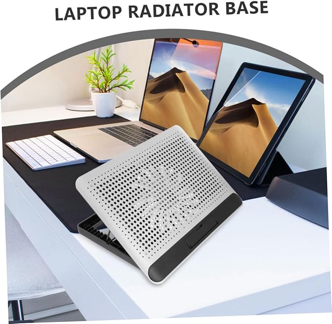 Aluminum Alloy Laptop Cooling Pad with Dual USB Ports Quiet Thin Notebook Cooler Stand for Laptops Up to Ergonomic Angles Skid-Resistant Computer Fan Support Frame in Silver