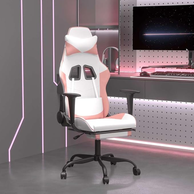 White and Pink Gaming Chair with Massage Function and Adjustable Armrests Ergonomic Swivel Recliner with Memory Foam Cushion for Home Office and Gaming Setup
