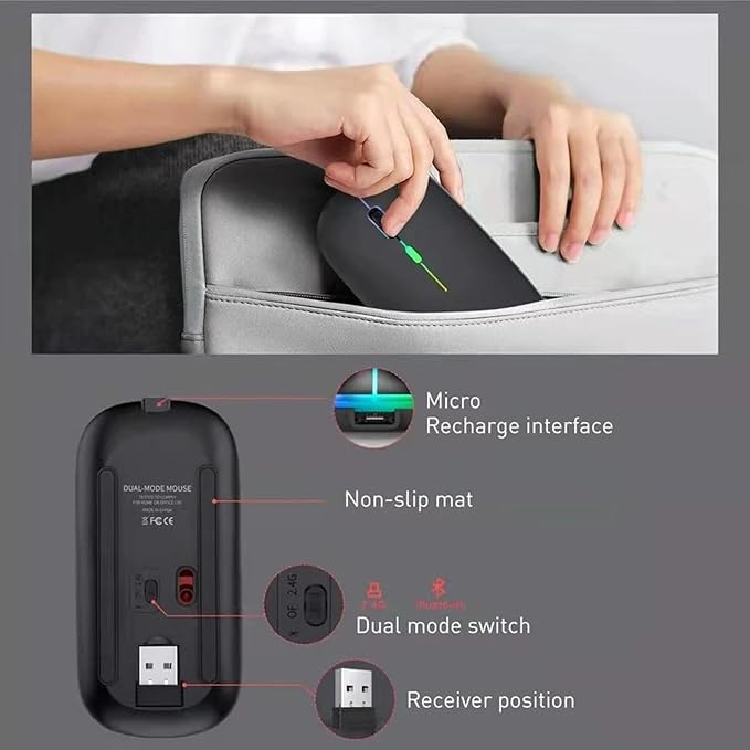 Sahara - Wireless Mouse with Silent Click | Bluetooth &amp USB Connection | Rechargeable Battery | USB &amp Type C Adapter