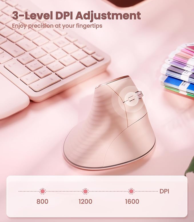 Nulea M510 Vertical Mouse Wireless Ergonomic Mouse for Comfy Tracking 3 Adjustable DPI (800-1200-1600) 2.4G Wireless Vertical Mouse with 6 Buttons Compatible with Windows Mac OS Laptop PCPink