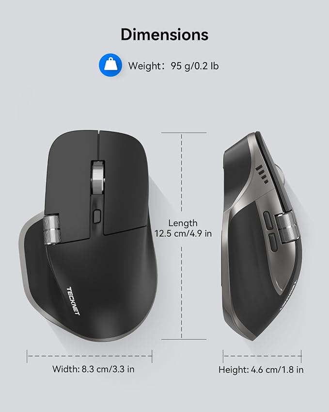 TECKNET Wireless Mouse Bluetooth Mouse (BT5.3/5.0 &amp 2.4G) Rechargeable Ergonomic Optical Mouse with 6 Adjustable DPI Side Scroll Quiet Clicks USB A Receiver 7 Buttons Wide Compatibility - Gr