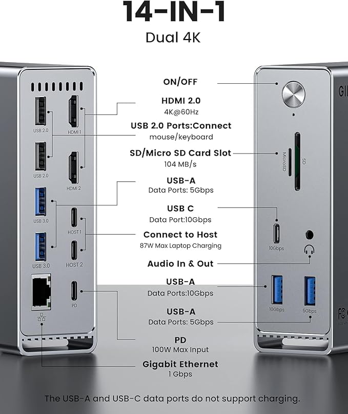 MacBook Pro Docking Station 14-in-2 Dual USB C Docking Station Dual Monitor for MacBook Pro (Not M1) with Dual 4K HDMI 60Hz 10Gbps USB A/C3 USB 3.02USB 2.0 RJ45 Audio SD/TF Slots 100W PD