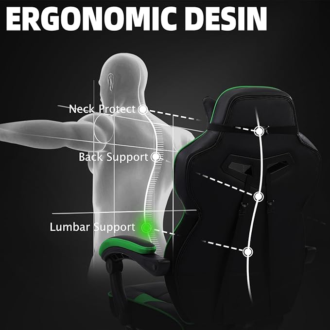 Vonesse Gaming Chair High Back Gaming Chair with Footrest and Massage Gaming Chairs for Adults with Pocket Spring Cushion Big and Tall Reclining Computer Chair with Lumbar Support (Green/Black)