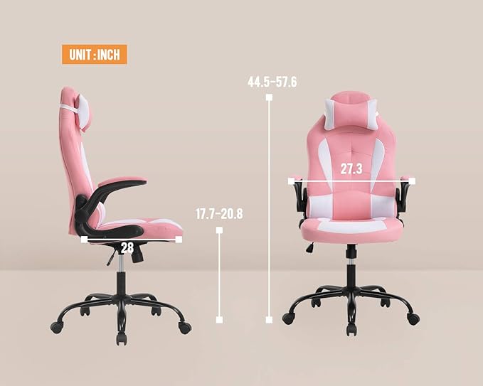 PC Gaming Chair Video Game Chair Racing Style Office High Back Desk Executive PU Leather Rolling Task Swivel Computer with Lumbar Support HeadrestPink