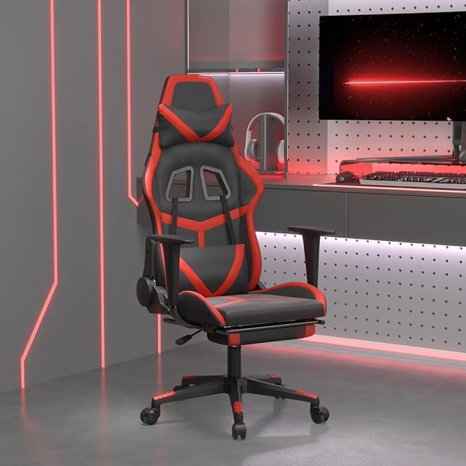 Massage Gaming Chair with Footrest Black &amp Red Faux Leather Ergonomic Reclining Computer Desk Chair for Adults