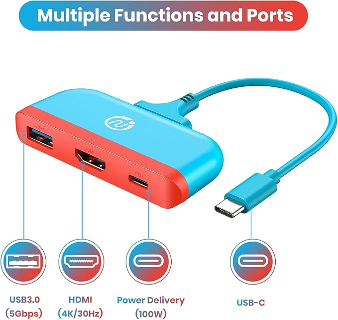NEWDERY Switch Dock Switch Portable Docking Station with 4K HDMI 100W PD Port USB-C to USB-A Converter 5Gbps Compatible with Switch OLED/Steam Deck/Samsung DeX