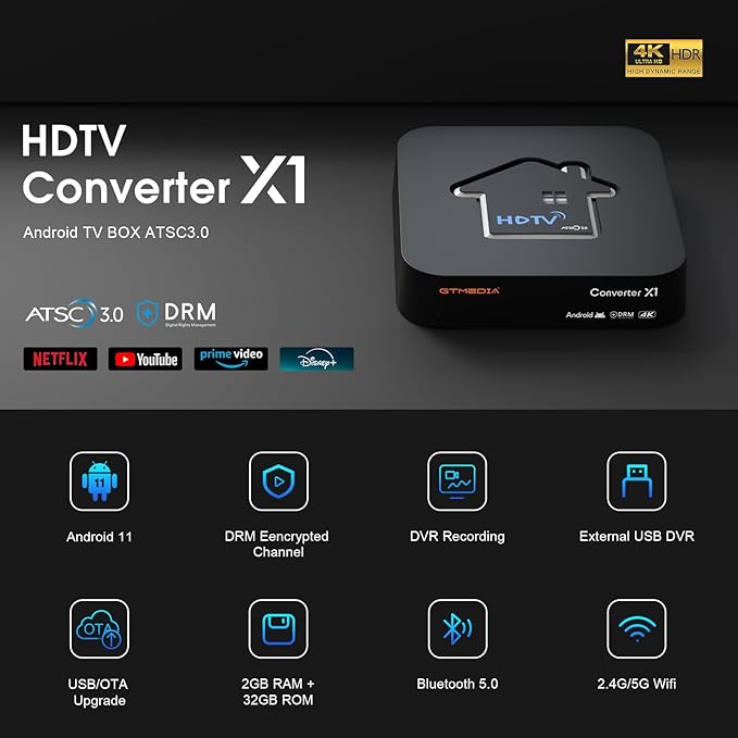 GTMEDIA 4K Next-Gen ATSC3.0 TV Converter X1Fully Compatible with ATSC3.0/1.0 QAM-B(Clear QAM) SignalSupport ATSC3.0 DRM Channel Play and DVR RecordingBuild in Bluetooth 5.0Dual WiFi