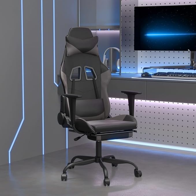 Massage Gaming Chair with Footrest Black&ampGray Faux Leather Gaming Chair with Ergonomic Design Adjustable Features - for Gamers and Office Use