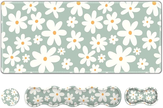 Desk Mat Gaming Mouse Pad Cute Desk Matt Keyboard Wrist Rest for Desktop Anti-Slip Big Mousepad Stitched Edges XXL Large Mouse Pad with Wrist Support for Home Office Computer I Morandi Daisy