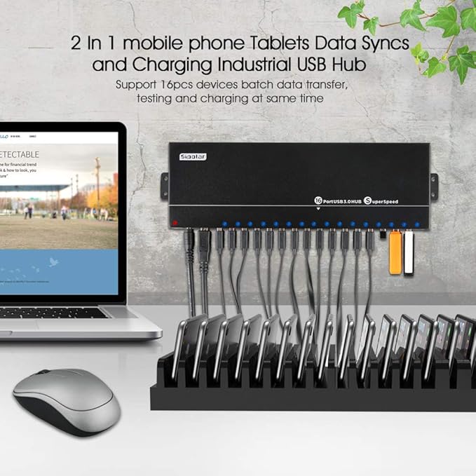 Powered USB Hub - 16 Ports 120W USB 3.0 Hub - Charging hub for Multiple Device with 12V/10A Power Adapter - Output of Max 1.2A Per USB Port - Meta Casing - LEDs - Din-Rail/WallMount Hub