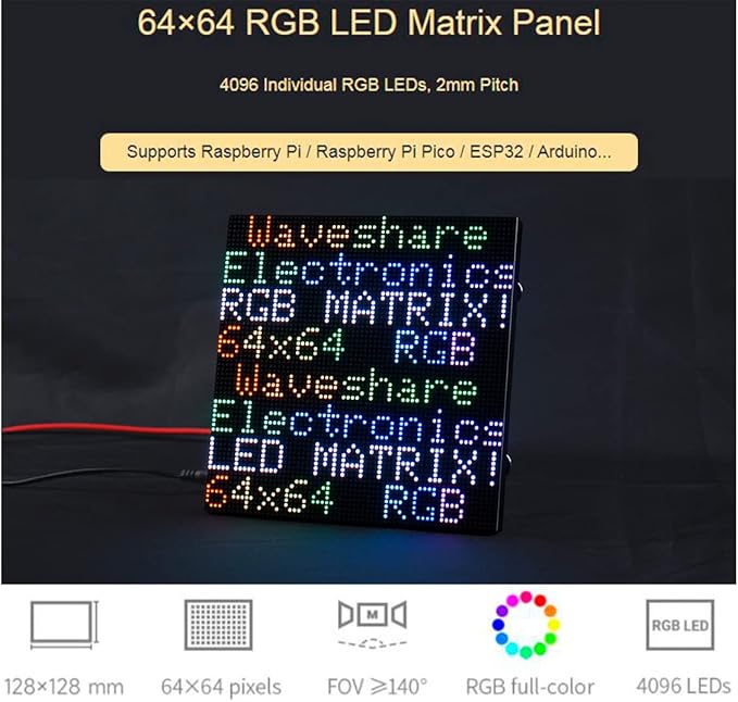 waveshare RGB Full Color LED Matrix Panel 64x64 Pixels 2mm Pitch Adjustable BrightnessSupports Raspberry Pi/Raspberry Pi Pico / ESP32 / ArduDisplay Text Colorful Image Animation
