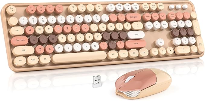 Wireless Keyboard and Mouse Combo MOWUX Colorful Computer Full Size 2.4G Plug and Play Wireless Typewriter Keyboard and Mouse Set for Windows Computer Desktop PC Notebook (Milk Tea Colorful)