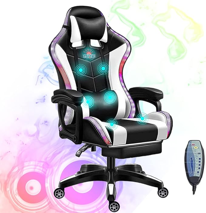 Gaming Chairs with Footrest and Bluetooth Speakers Video Game Chair with LED Lights PU Leather High Back Ergonomic Racing Office Computer Chairs with Lumbar SupportWhite