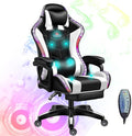 Gaming Chairs with Footrest and Bluetooth Speakers Video Game Chair with LED Lights PU Leather High Back Ergonomic Racing Office Computer Chairs with Lumbar SupportWhite