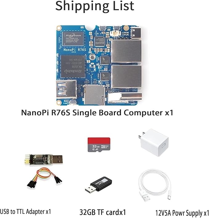 NanoPi R76S Mini Router RK3576 Octa-Core SoC with AI Model LPDDR5 16GB RAM 32GB eMMC 6TOPS NPUDual 2.5G Ethernet Support M.2 Wi-Fi Module (None M.2 WiFi LPDDR4X 4GB TF Card Kit)