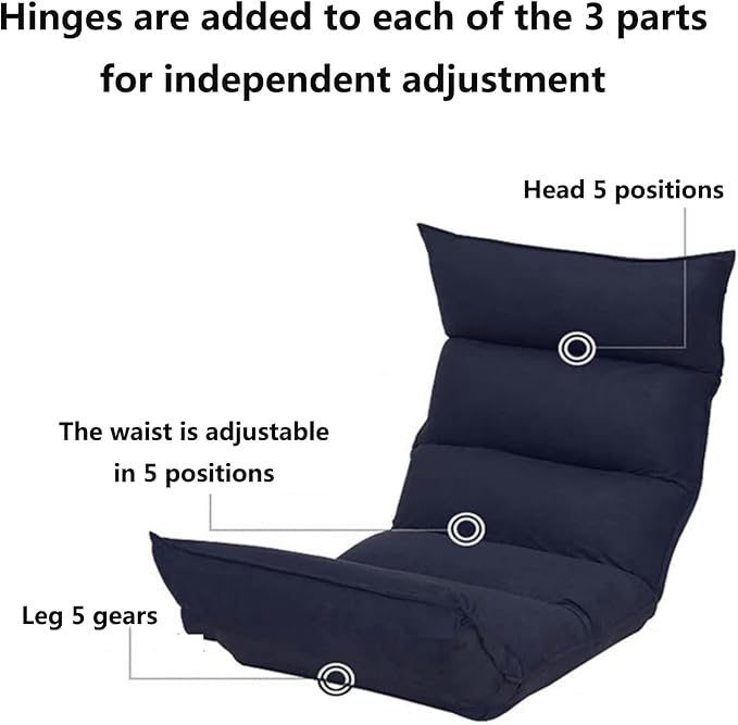 Adjustable Floor Gaming Chair for Adults - Cotton Linen Lounge Chair with 5-Position Adjustable Head Waist and Feet Thick Sponge Padding Sturdy Steel Frame Grey