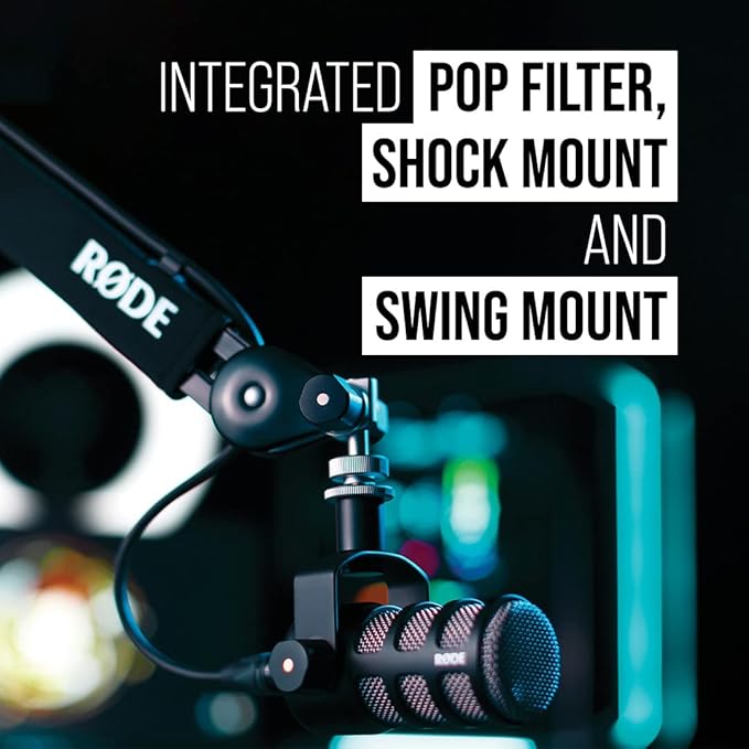 RØDE PodMic Cardioid Dynamic Broadcast Microphone with Integrated Swing Mount for Podcasting Streaming Gaming and Voice Recording Black