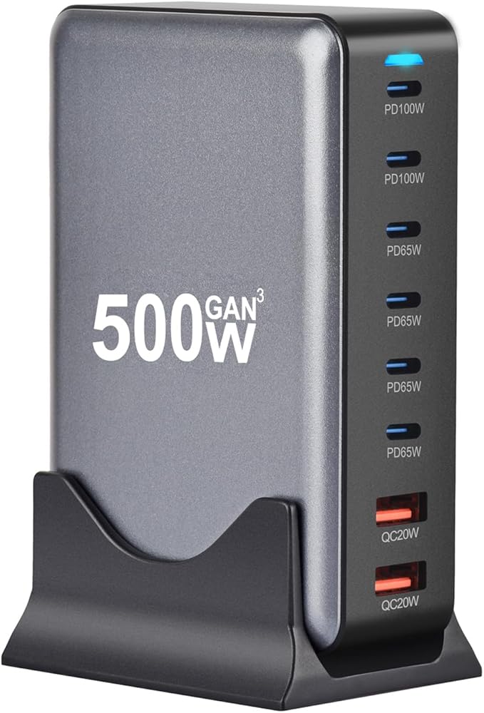 500Watt USB-C GaN Charger 8 in 1 Power Strip Hub Dual 140W PD PPS Port+Dual 100W PD Port for Multiple Electronics DevicesLaptop Wall Charger Compatible with MacBook/iPhone 16/iPad