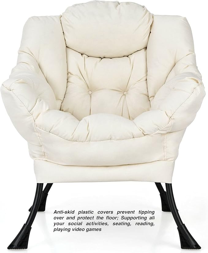 Beige Polyester Fabric Lazy Chair Upholstered Single Sofa Chair with Side Pocket Soft Headrest Wide and Thick Seat Cushion Curved Armrest Perfect for Watching TV Relaxing Reading Playing Video Games
