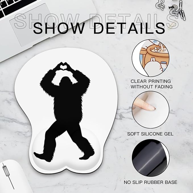 Mousepad Bigfoot Heart Hands Sasquatch Love Gesture Ergonomic Wrist Support Non-Slip Base Mouse Mat with Wrist Rest Computer Mousemat for Desk Work Accessories Pad