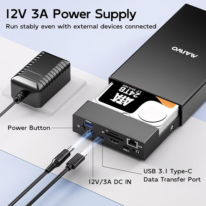 MAIWO USB C Laptop Docking Station with 2.5 3.5 Inch SATA SSD HDD Enclosure HDTV USB Hubs Extension USB-A 3.0 USB-C 3.1 SD/TF Card Reader Gigabit Ethernet 10Gbps