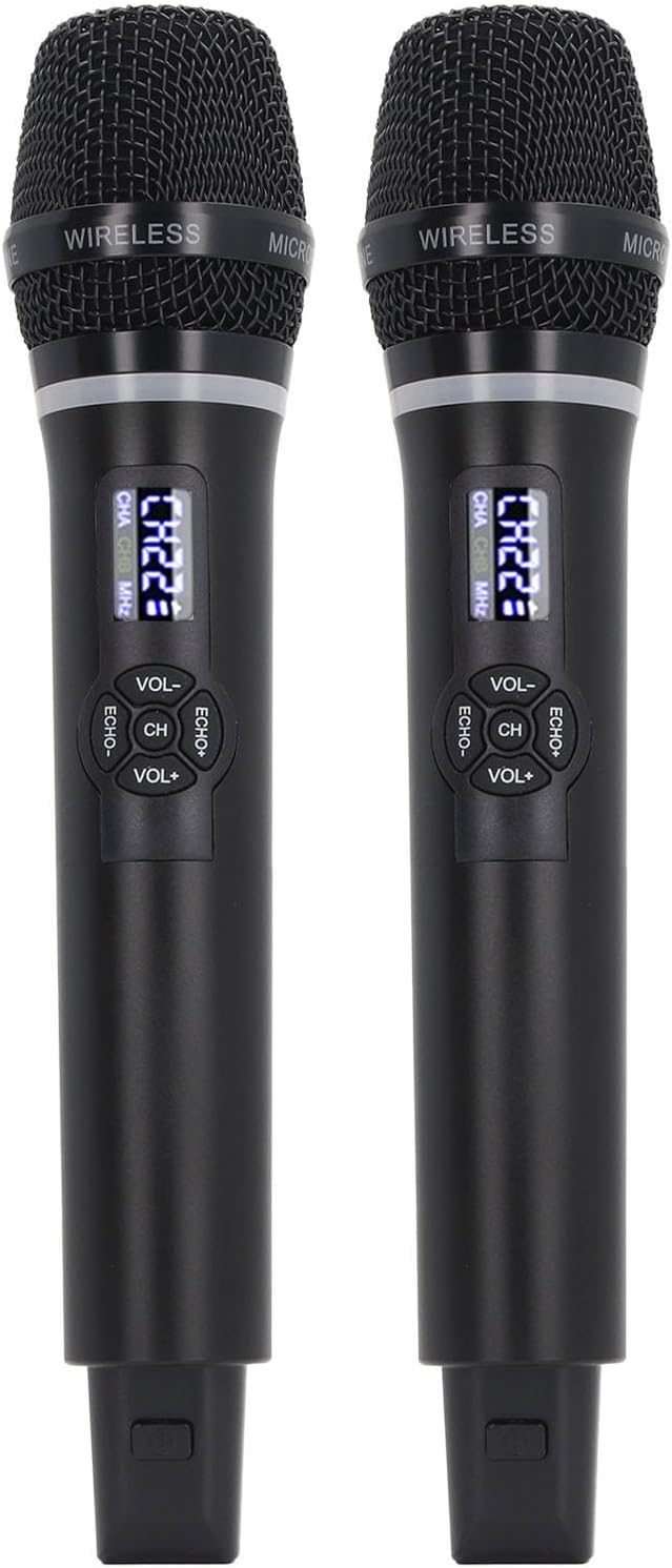 Keenso Cordless Dynamic Mic System Wireless Handheld Microphone Set Dual Dynamic Mic with Builtin Reverb for Karaoke Stage Performance Studio Recording