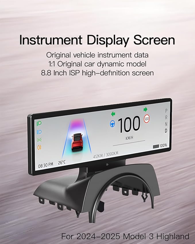 8.8 Smart LCD DisplayExclusive to 2024-2025 Model 3 HighlandOriginal Instrumentation Data/Carplay/Video InputsSafe InstallationNo Broken/No Hole