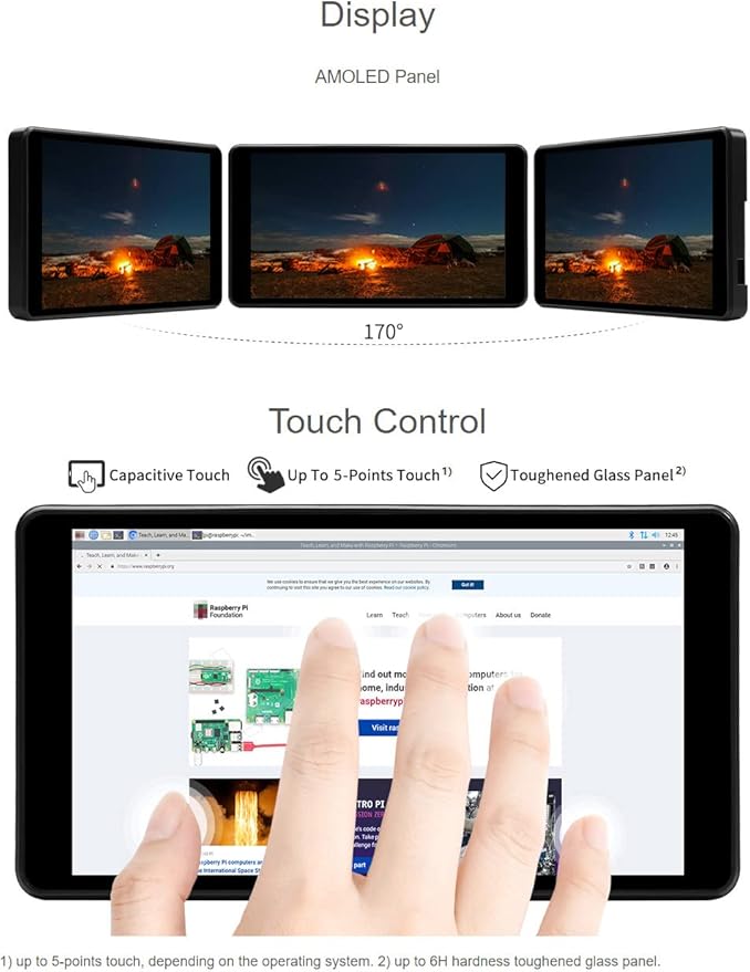 waveshare 5.5inch Capacitive Touch AMOLED Display Compatoble with Raspberry Pi 4B Comes with Protection Case 1080×1920 Resolution HDMI Toughened Glass Panel