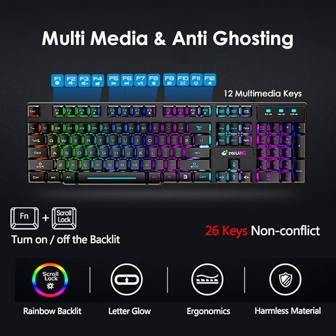 Wireless Gaming Keyboard and Mouse Combo Rechargeable 2.4G Keyboard Mouse with Rainbow Backlit Quiet Mechanical Feel 29-Key Anti-Ghosting 2400 DPI Mouse and Mouse Pad for PC Mac