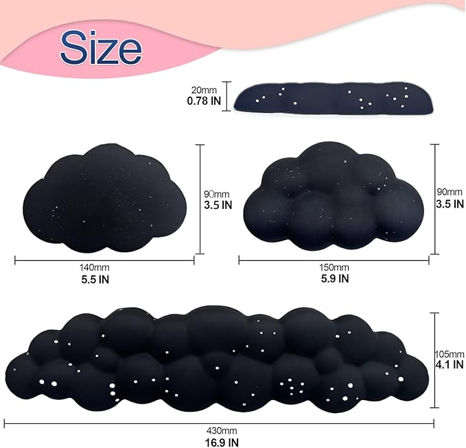 Cloud Wrist Rest Set for Keyboard and Mouse Includes Cute Coaster with Computers and Laptops (Black Star Set)